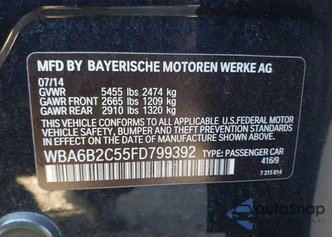 2015 BMW 650I Gran Coupe from USA, damaged, VIN WBA6B2C55FD799392